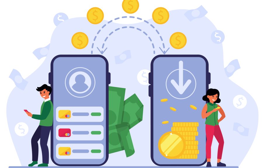 People using mobile bank for remittance of money. Man and woman with smartphones sending coins to each other. Vector illustration for cashless transactions, financial app, payment transfer concept